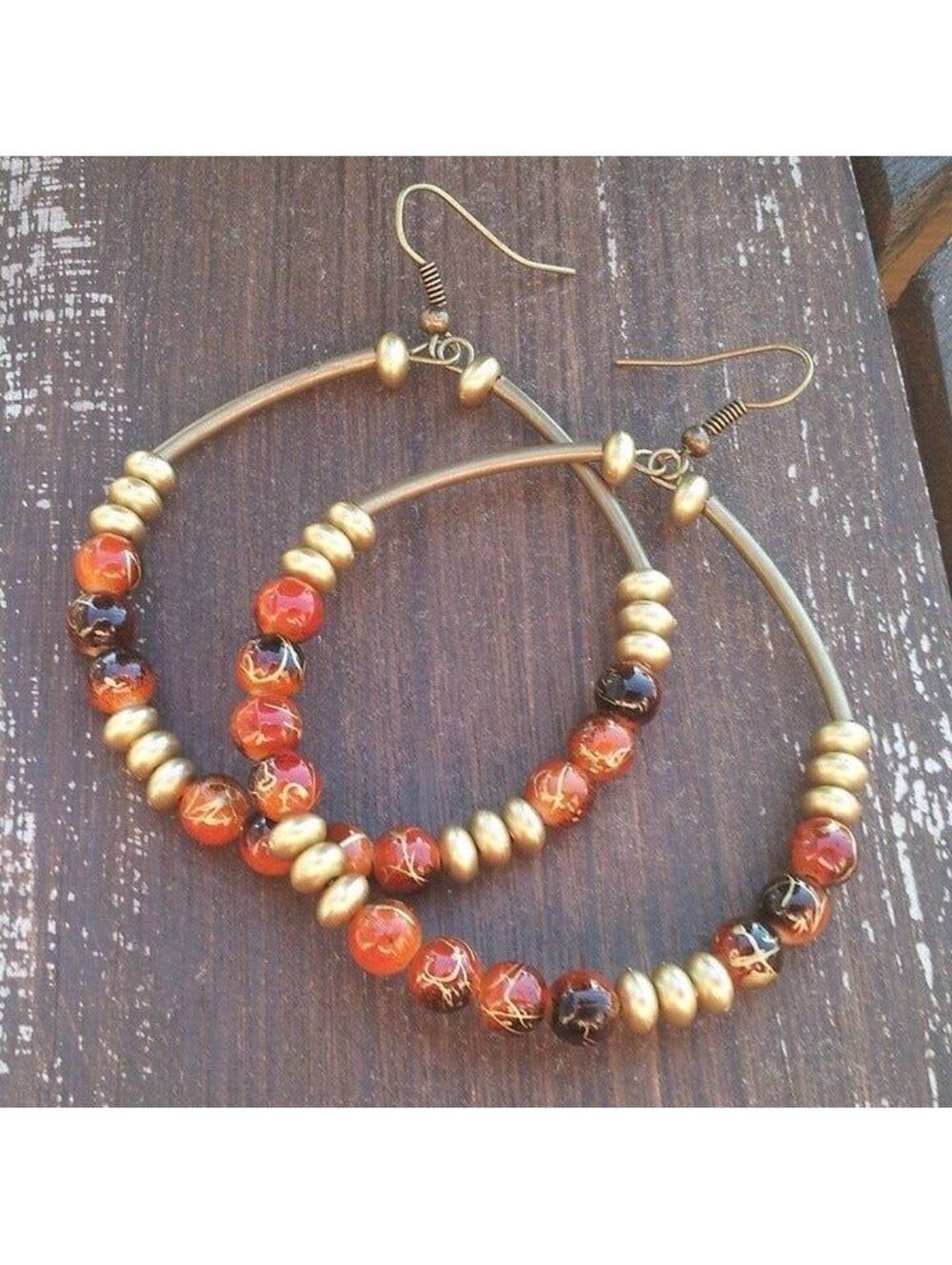 Vintage Retro Beads Big Hoop Earrings Bronze Orange